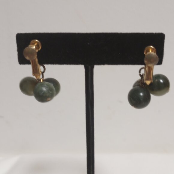 Vintage Green Jade Bead Cluster Drop Earrings - Picture 2 of 5